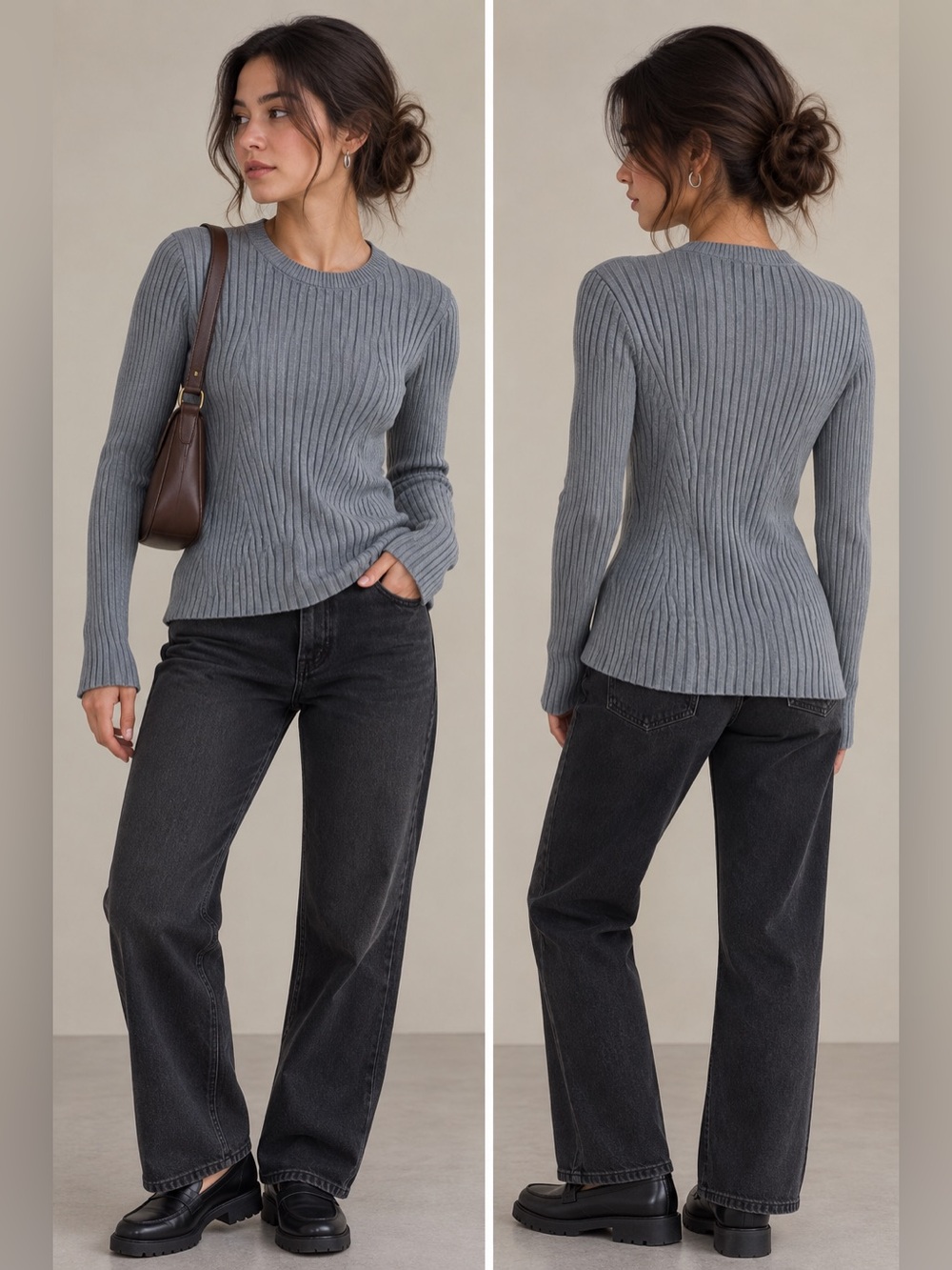 NWT H&M Gray Ribbed Crewneck Sweater Stretchy Layering Minimalist Size S